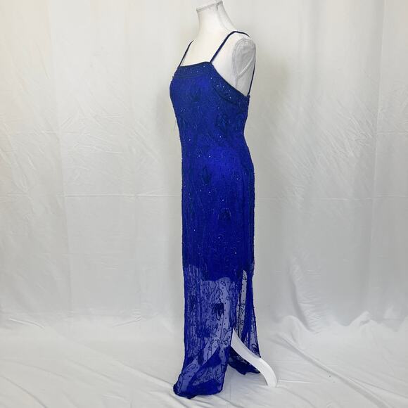 Riva Designs Royal Blue Silk Beaded Evening Gown, 1920s Gatsby Style, Size 10 - Picture 3 of 5
